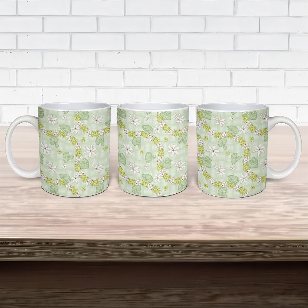 Hawaii Anthurium Tiare Pikake Lei Ceramic Mug Sage Green Lauhala Art Pattern LT01 - Polynesian Pride