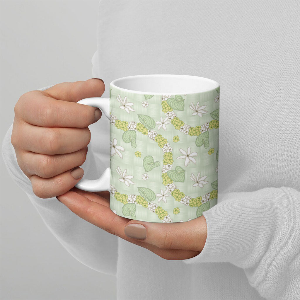 Hawaii Anthurium Tiare Pikake Lei Ceramic Mug Sage Green Lauhala Art Pattern LT01 - Polynesian Pride