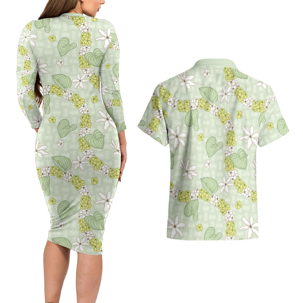 Hawaii Anthurium Tiare Pikake Lei Couples Matching Long Sleeve Bodycon Dress and Hawaiian Shirt Sage Green Lauhala Art Pattern