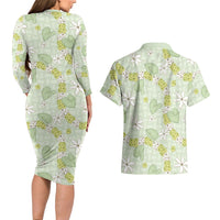 Hawaii Anthurium Tiare Pikake Lei Couples Matching Long Sleeve Bodycon Dress and Hawaiian Shirt Sage Green Lauhala Art Pattern