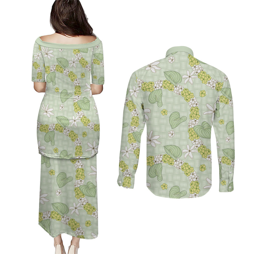 Hawaii Anthurium Tiare Pikake Lei Couples Matching Puletasi and Long Sleeve Button Shirt Sage Green Lauhala Art Pattern LT01 - Polynesian Pride