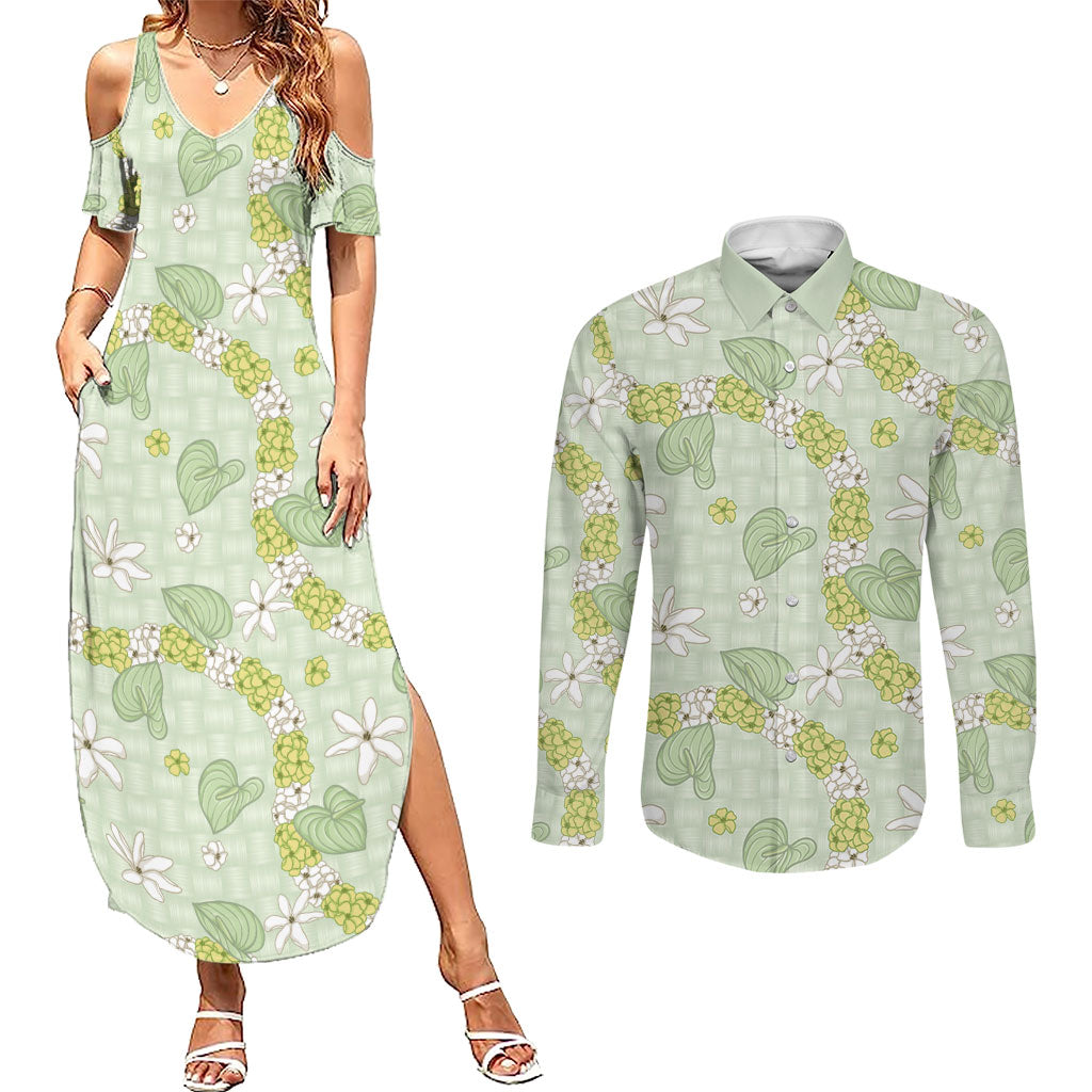 Hawaii Anthurium Tiare Pikake Lei Couples Matching Summer Maxi Dress and Long Sleeve Button Shirt Sage Green Lauhala Art Pattern