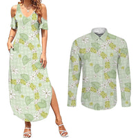 Hawaii Anthurium Tiare Pikake Lei Couples Matching Summer Maxi Dress and Long Sleeve Button Shirt Sage Green Lauhala Art Pattern LT01 Green - Polynesian Pride