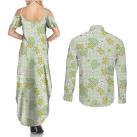 Hawaii Anthurium Tiare Pikake Lei Couples Matching Summer Maxi Dress and Long Sleeve Button Shirt Sage Green Lauhala Art Pattern LT01 - Polynesian Pride