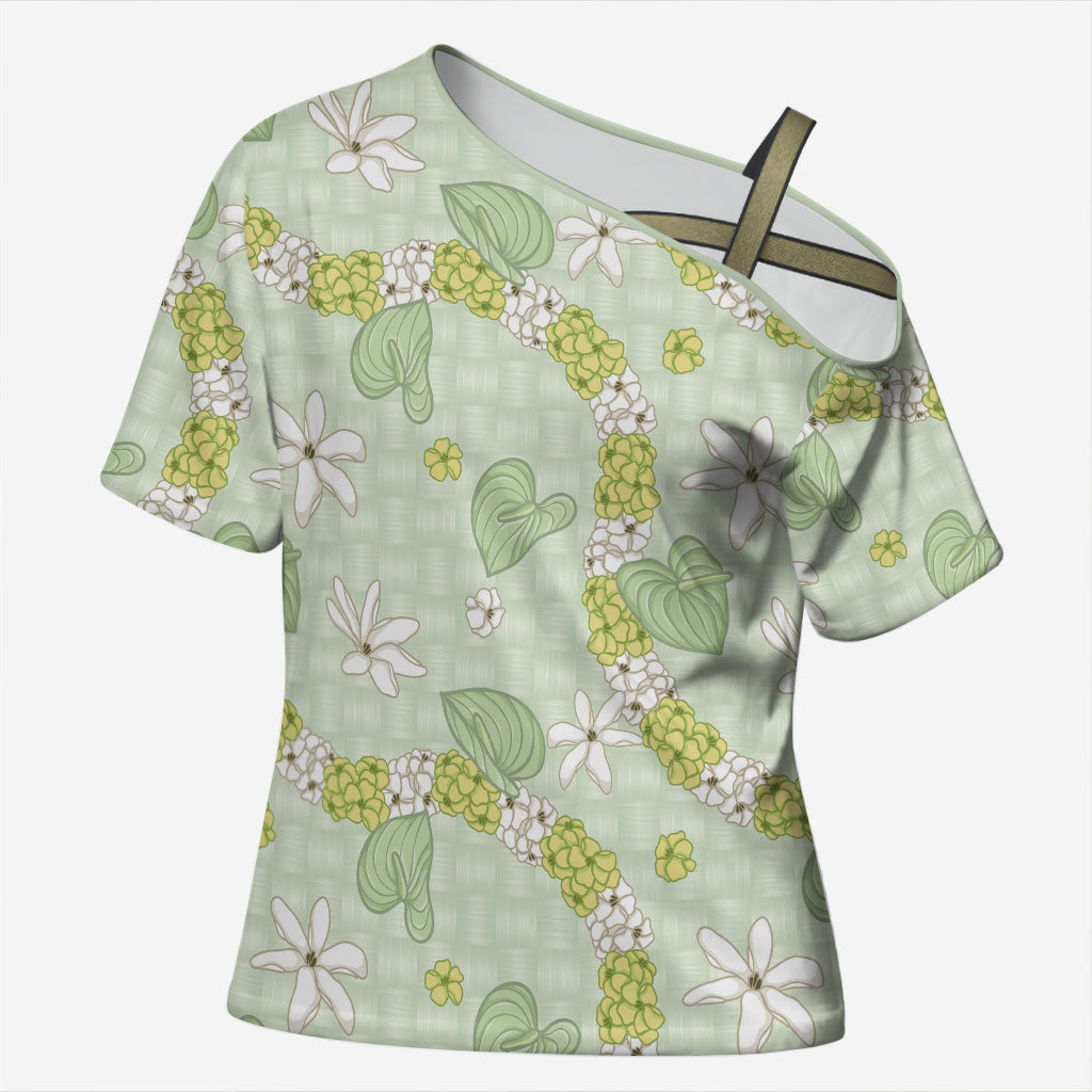 Hawaii Anthurium Tiare Pikake Lei Cross Shoulder Shirt Sage Green Lauhala Art Pattern LT01 Female Green - Polynesian Pride