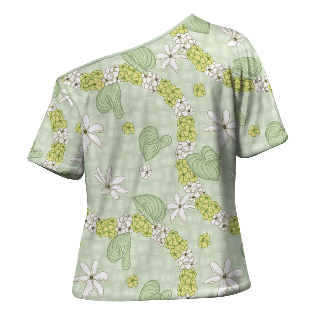 Hawaii Anthurium Tiare Pikake Lei Cross Shoulder Shirt Sage Green Lauhala Art Pattern LT01 - Polynesian Pride