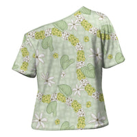 Hawaii Anthurium Tiare Pikake Lei Cross Shoulder Shirt Sage Green Lauhala Art Pattern LT01 - Polynesian Pride