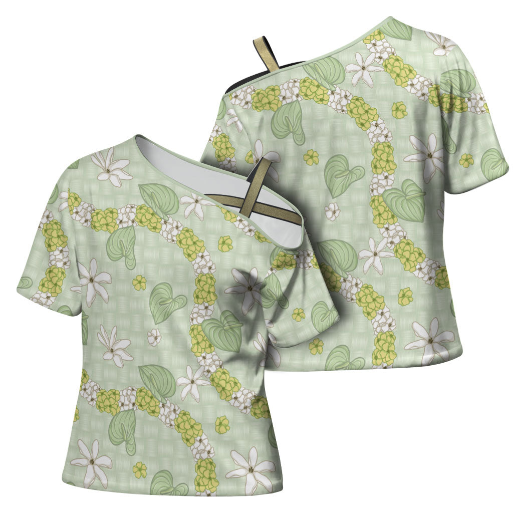 Hawaii Anthurium Tiare Pikake Lei Cross Shoulder Shirt Sage Green Lauhala Art Pattern LT01 - Polynesian Pride