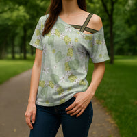 Hawaii Anthurium Tiare Pikake Lei Cross Shoulder Shirt Sage Green Lauhala Art Pattern LT01 - Polynesian Pride