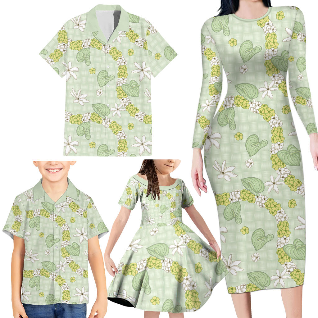 Hawaii Anthurium Tiare Pikake Lei Family Matching Long Sleeve Bodycon Dress and Hawaiian Shirt Sage Green Lauhala Art Pattern