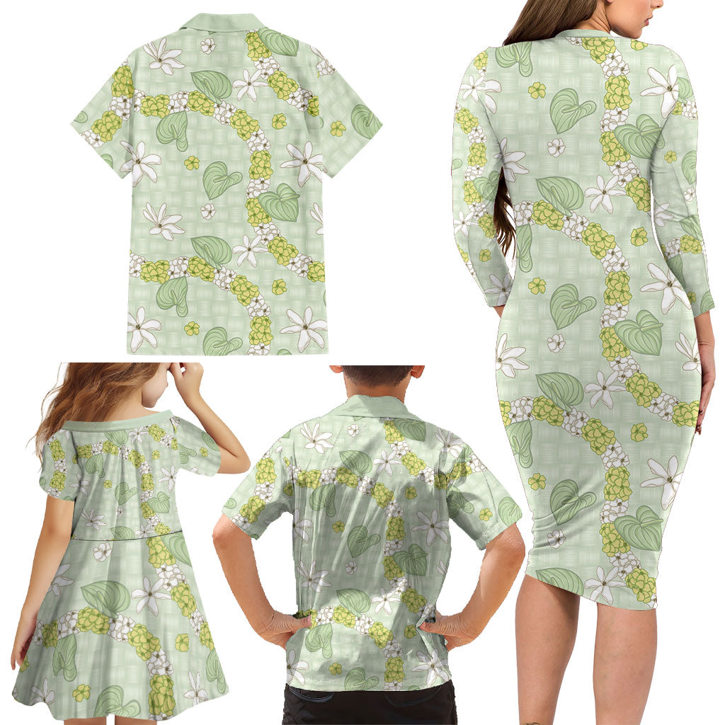 Hawaii Anthurium Tiare Pikake Lei Family Matching Long Sleeve Bodycon Dress and Hawaiian Shirt Sage Green Lauhala Art Pattern