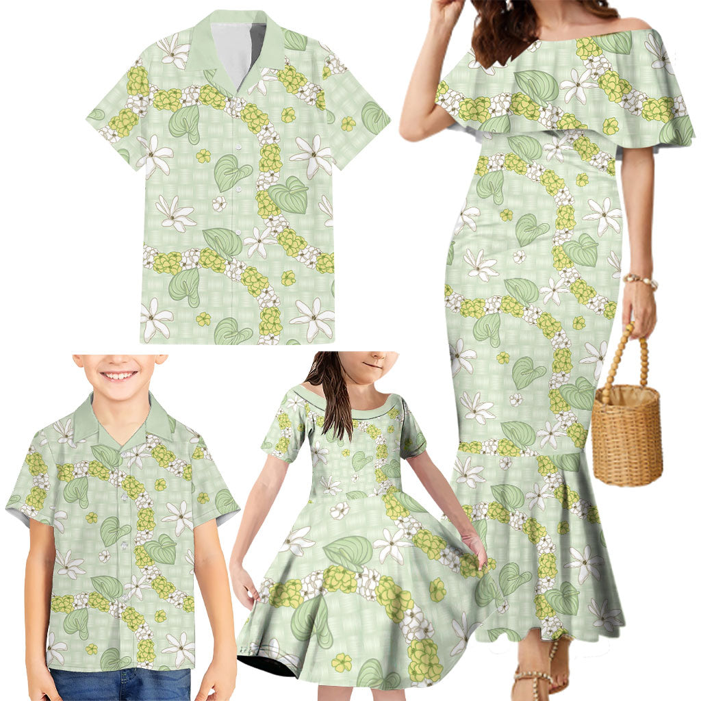 Hawaii Anthurium Tiare Pikake Lei Family Matching Mermaid Dress and Hawaiian Shirt Sage Green Lauhala Art Pattern