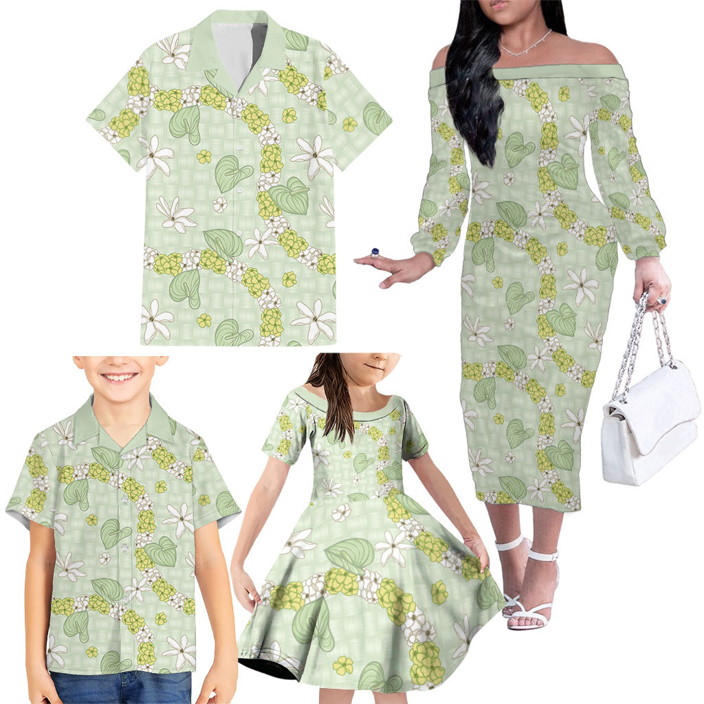Hawaii Anthurium Tiare Pikake Lei Family Matching Off The Shoulder Long Sleeve Dress and Hawaiian Shirt Sage Green Lauhala Art Pattern