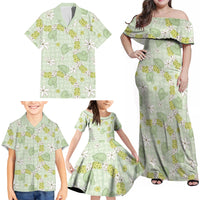 Hawaii Anthurium Tiare Pikake Lei Family Matching Off Shoulder Maxi Dress and Hawaiian Shirt Sage Green Lauhala Art Pattern
