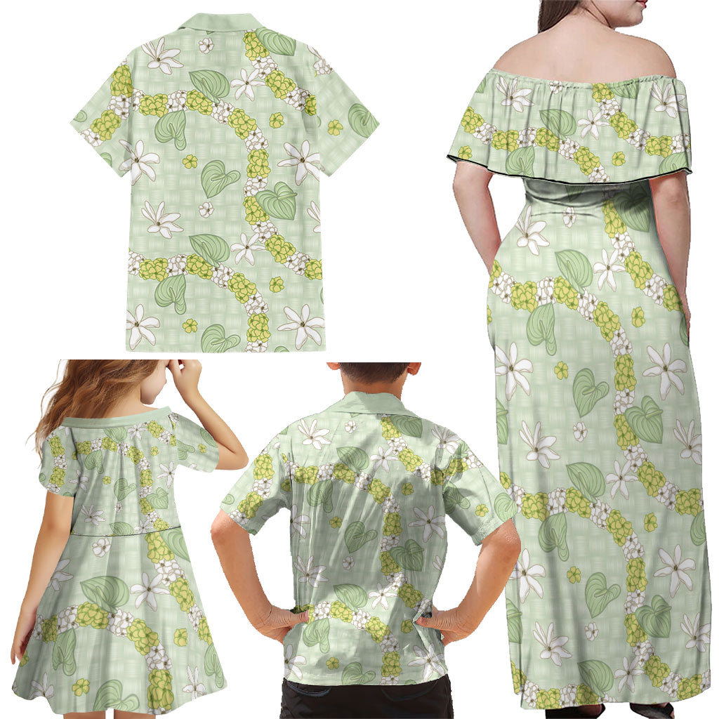Hawaii Anthurium Tiare Pikake Lei Family Matching Off Shoulder Maxi Dress and Hawaiian Shirt Sage Green Lauhala Art Pattern