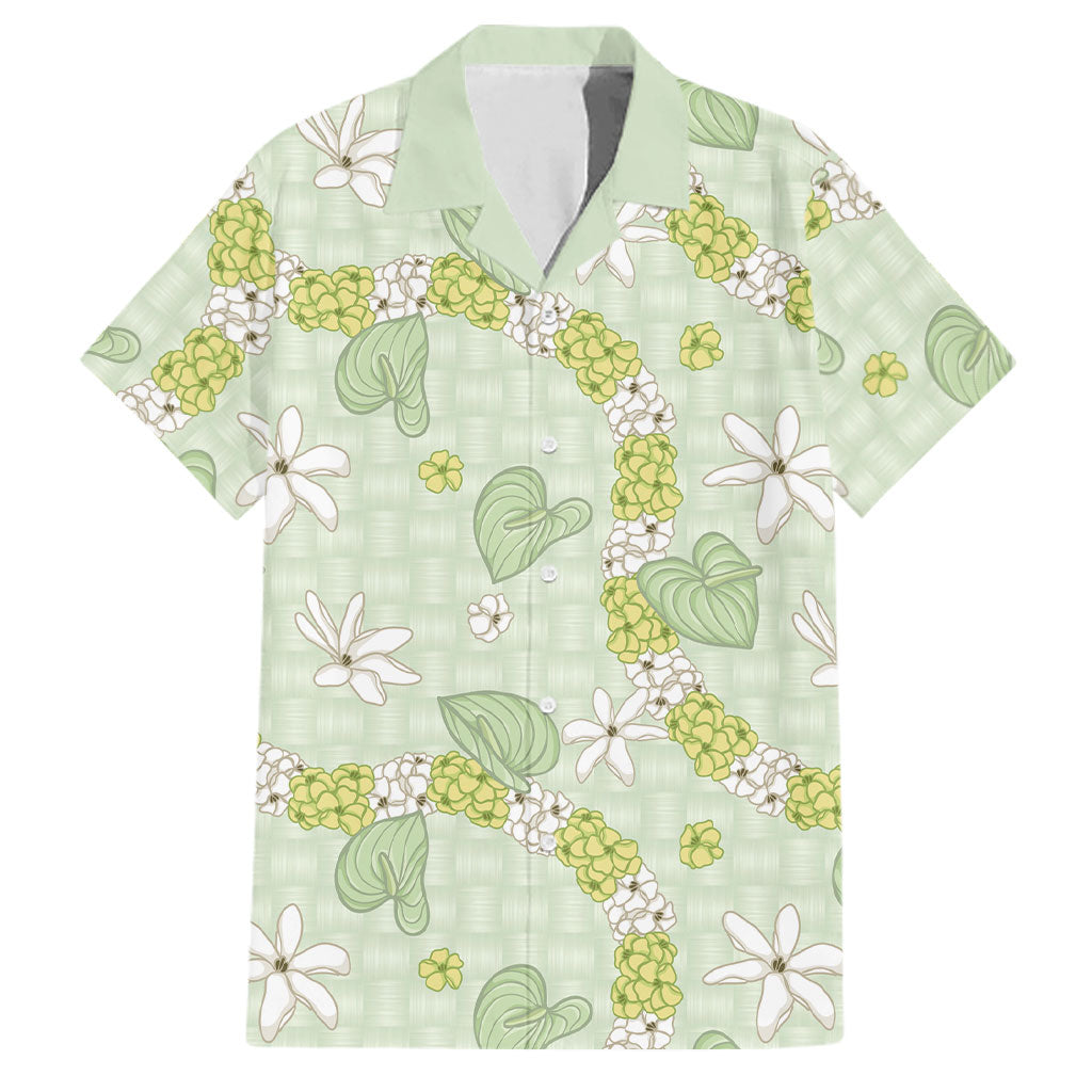 Hawaii Anthurium Tiare Pikake Lei Family Matching Off Shoulder Maxi Dress and Hawaiian Shirt Sage Green Lauhala Art Pattern