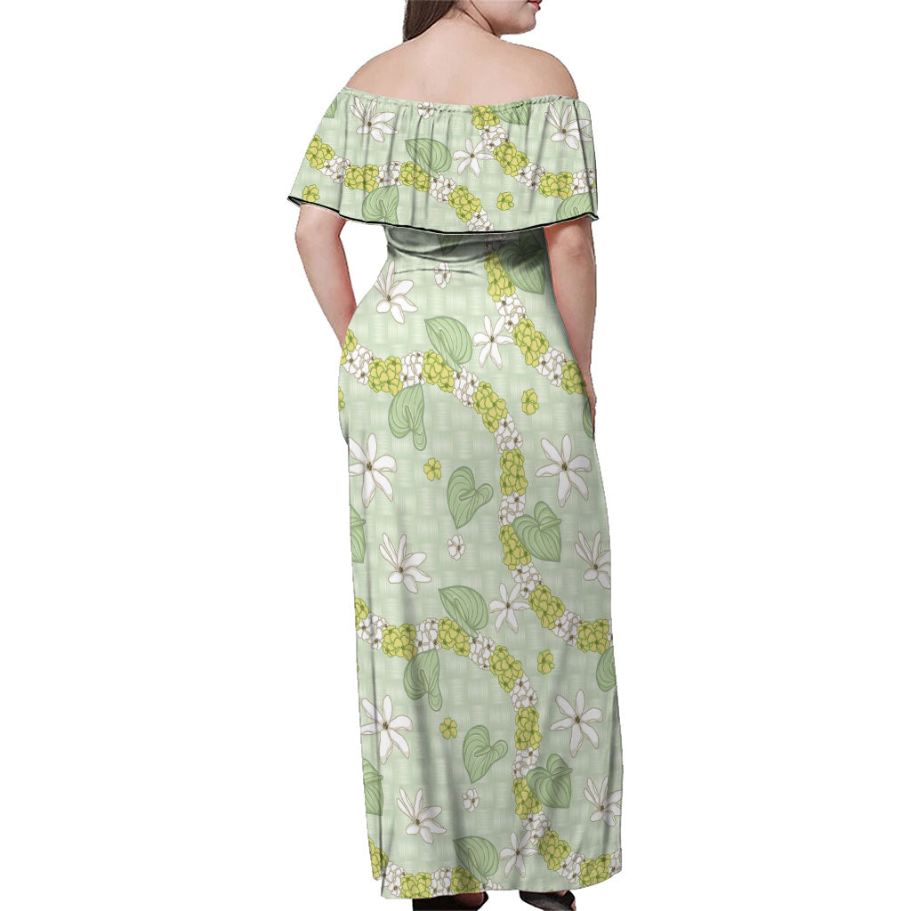 Hawaii Anthurium Tiare Pikake Lei Family Matching Off Shoulder Maxi Dress and Hawaiian Shirt Sage Green Lauhala Art Pattern