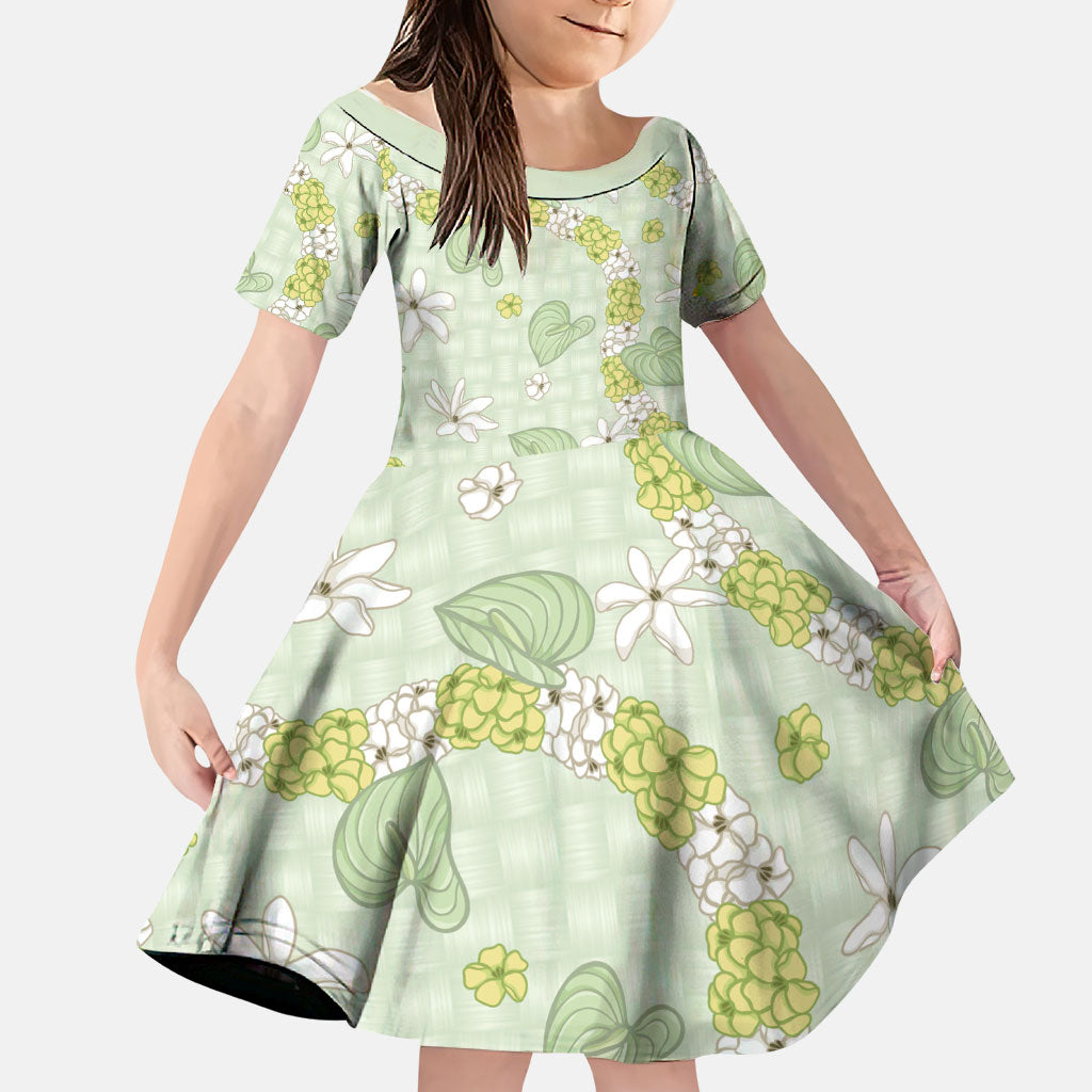 Hawaii Anthurium Tiare Pikake Lei Family Matching Off Shoulder Short Dress and Hawaiian Shirt Sage Green Lauhala Art Pattern