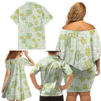 Hawaii Anthurium Tiare Pikake Lei Family Matching Off Shoulder Short Dress and Hawaiian Shirt Sage Green Lauhala Art Pattern