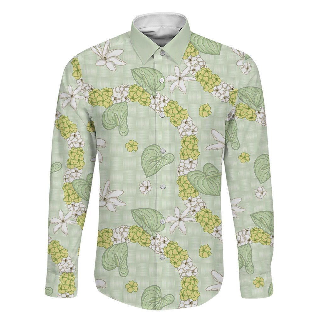 Hawaii Anthurium Tiare Pikake Lei Family Matching Off Shoulder Short Dress and Hawaiian Shirt Sage Green Lauhala Art Pattern