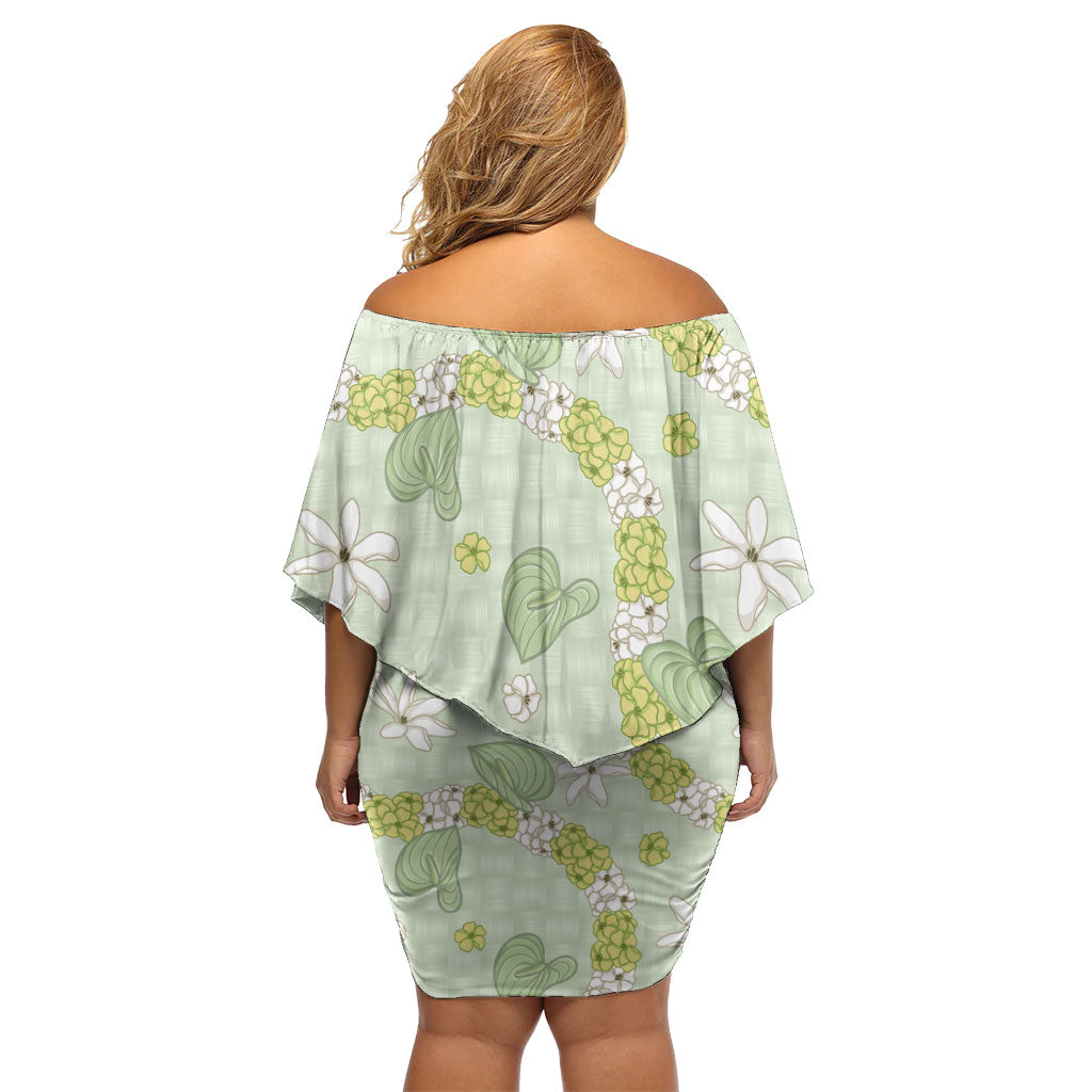 Hawaii Anthurium Tiare Pikake Lei Family Matching Off Shoulder Short Dress and Hawaiian Shirt Sage Green Lauhala Art Pattern