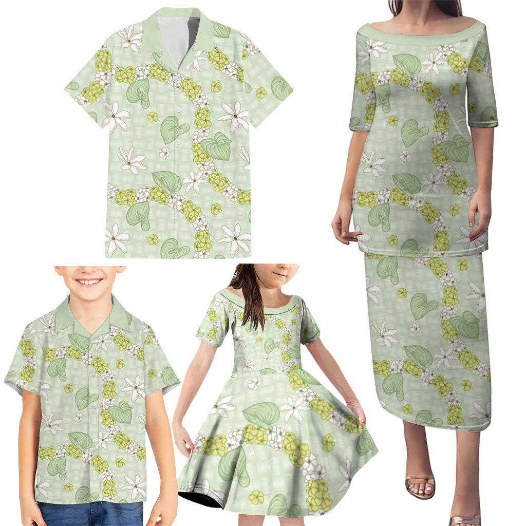 Hawaii Anthurium Tiare Pikake Lei Family Matching Puletasi and Hawaiian Shirt Sage Green Lauhala Art Pattern