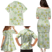 Hawaii Anthurium Tiare Pikake Lei Family Matching Puletasi and Hawaiian Shirt Sage Green Lauhala Art Pattern