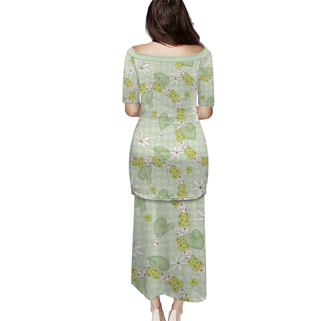 Hawaii Anthurium Tiare Pikake Lei Family Matching Puletasi and Hawaiian Shirt Sage Green Lauhala Art Pattern