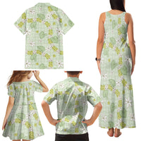 Hawaii Anthurium Tiare Pikake Lei Family Matching Tank Maxi Dress and Hawaiian Shirt Sage Green Lauhala Art Pattern