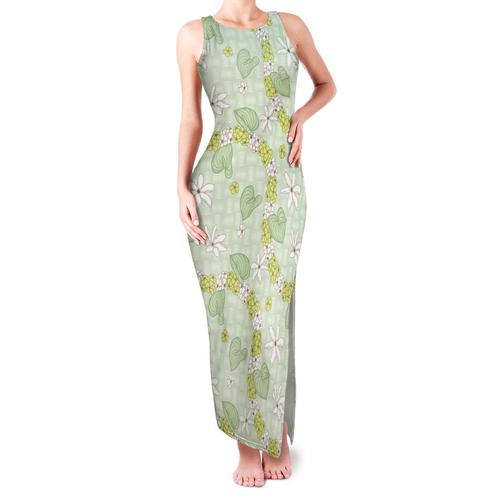 Hawaii Anthurium Tiare Pikake Lei Family Matching Tank Maxi Dress and Hawaiian Shirt Sage Green Lauhala Art Pattern