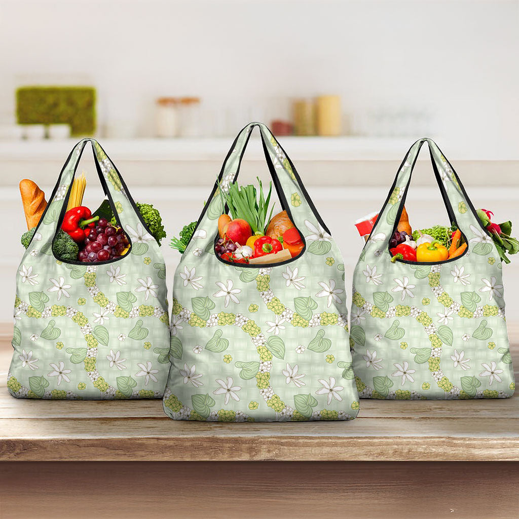 Hawaii Anthurium Tiare Pikake Lei Grocery Bag Sage Green Lauhala Art Pattern