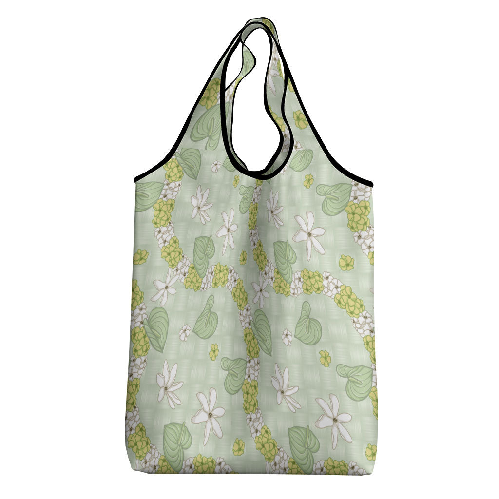 Hawaii Anthurium Tiare Pikake Lei Grocery Bag Sage Green Lauhala Art Pattern
