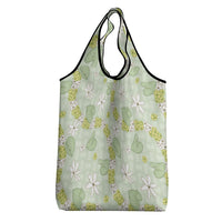 Hawaii Anthurium Tiare Pikake Lei Grocery Bag Sage Green Lauhala Art Pattern