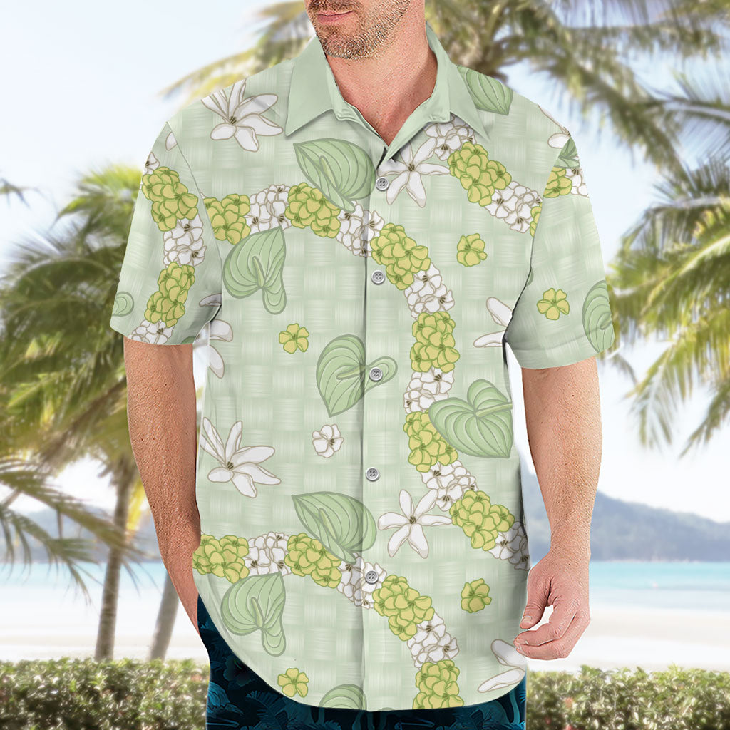 Hawaii Anthurium Tiare Pikake Lei Hawaiian Shirt Sage Green Lauhala Art Pattern