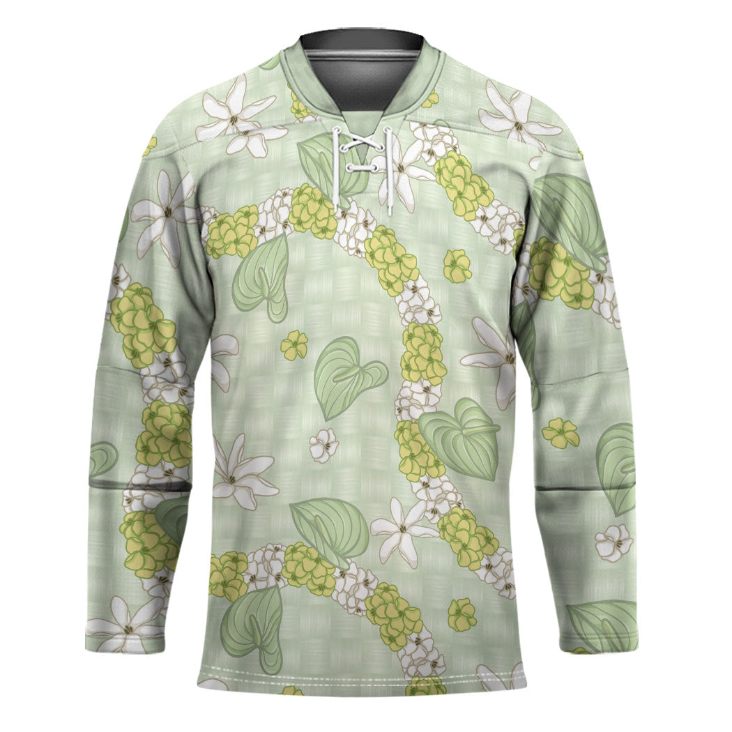 Hawaii Anthurium Tiare Pikake Lei Hockey Jersey Sage Green Lauhala Art Pattern LT01 Unisex Green - Polynesian Pride