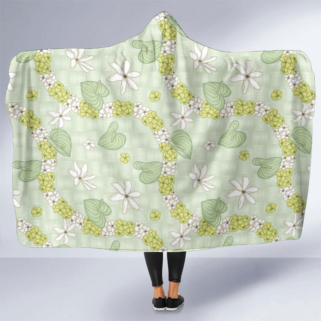 Hawaii Anthurium Tiare Pikake Lei Hooded Blanket Sage Green Lauhala Art Pattern LT01 One Size Green - Polynesian Pride