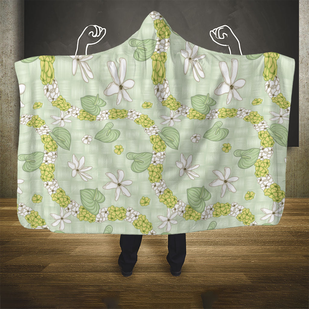 Hawaii Anthurium Tiare Pikake Lei Hooded Blanket Sage Green Lauhala Art Pattern LT01 - Polynesian Pride