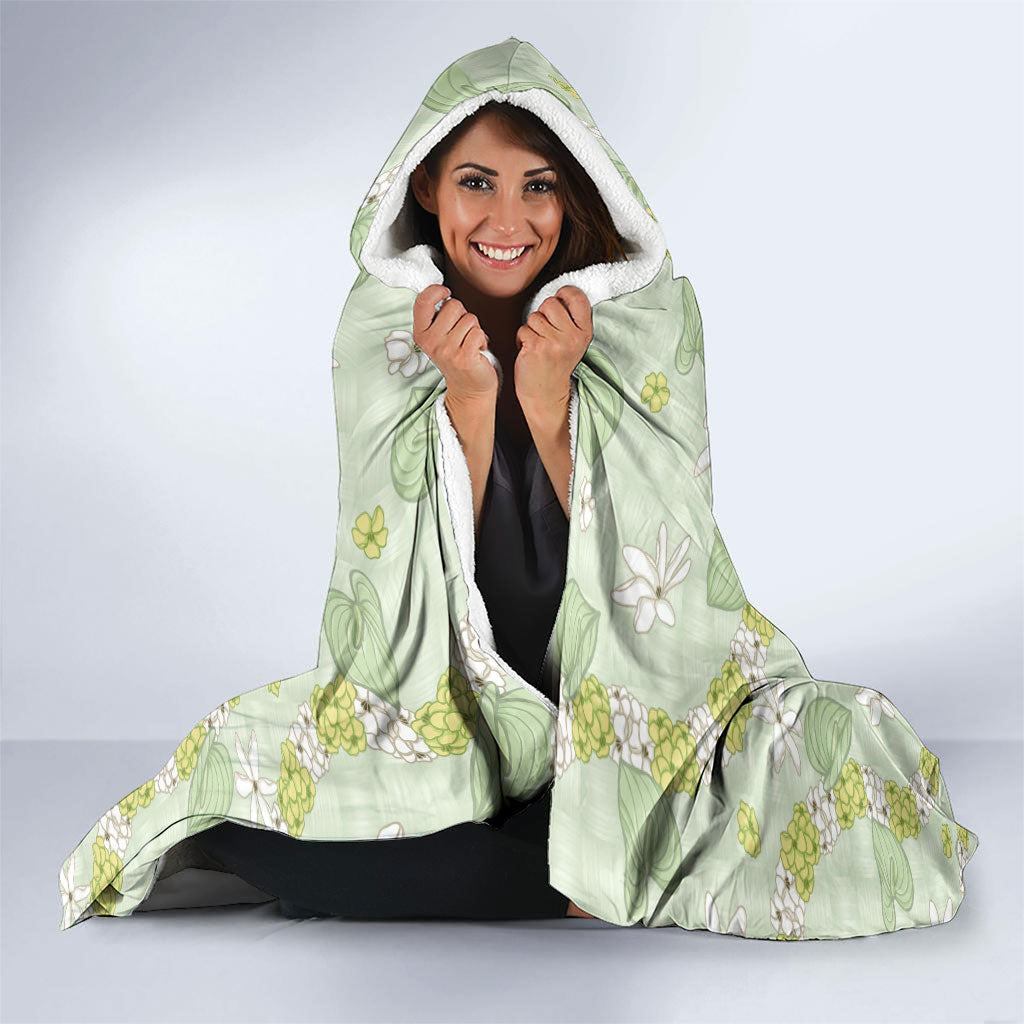 Hawaii Anthurium Tiare Pikake Lei Hooded Blanket Sage Green Lauhala Art Pattern LT01 - Polynesian Pride