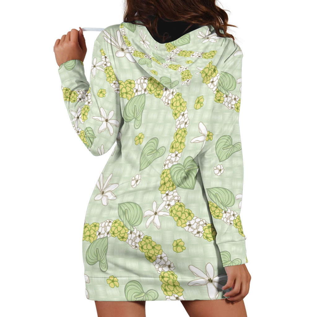Hawaii Anthurium Tiare Pikake Lei Hoodie Dress Sage Green Lauhala Art Pattern LT01 - Polynesian Pride