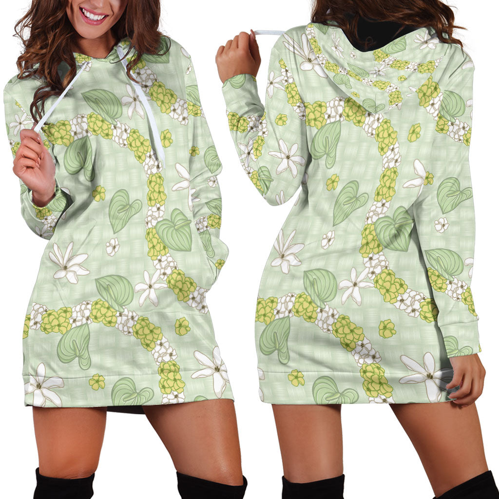 Hawaii Anthurium Tiare Pikake Lei Hoodie Dress Sage Green Lauhala Art Pattern LT01 - Polynesian Pride
