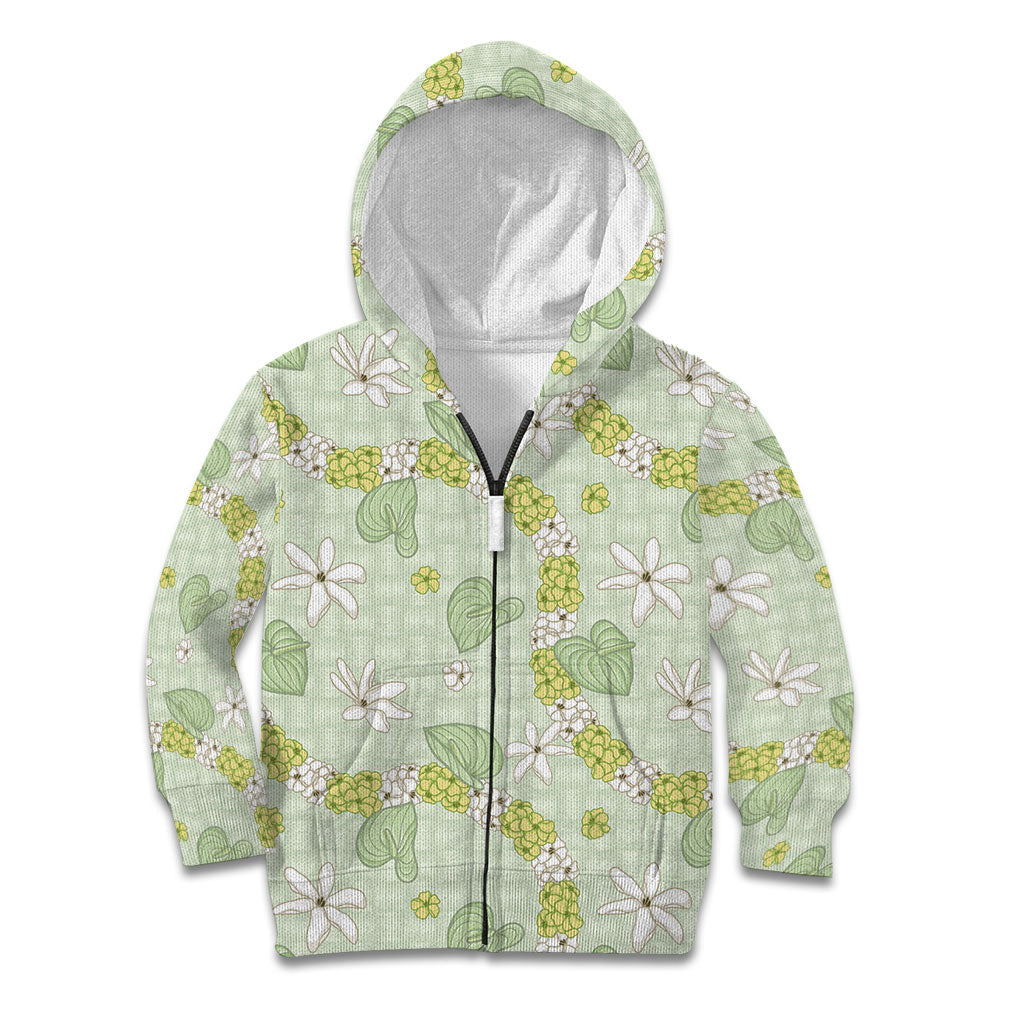 Hawaii Anthurium Tiare Pikake Lei Kid Hoodie Sage Green Lauhala Art Pattern LT01 Zip Hoodie Green - Polynesian Pride