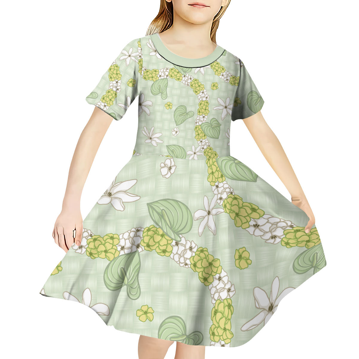 Hawaii Anthurium Tiare Pikake Lei Kid Short Sleeve Dress Sage Green Lauhala Art Pattern LT01 - Polynesian Pride
