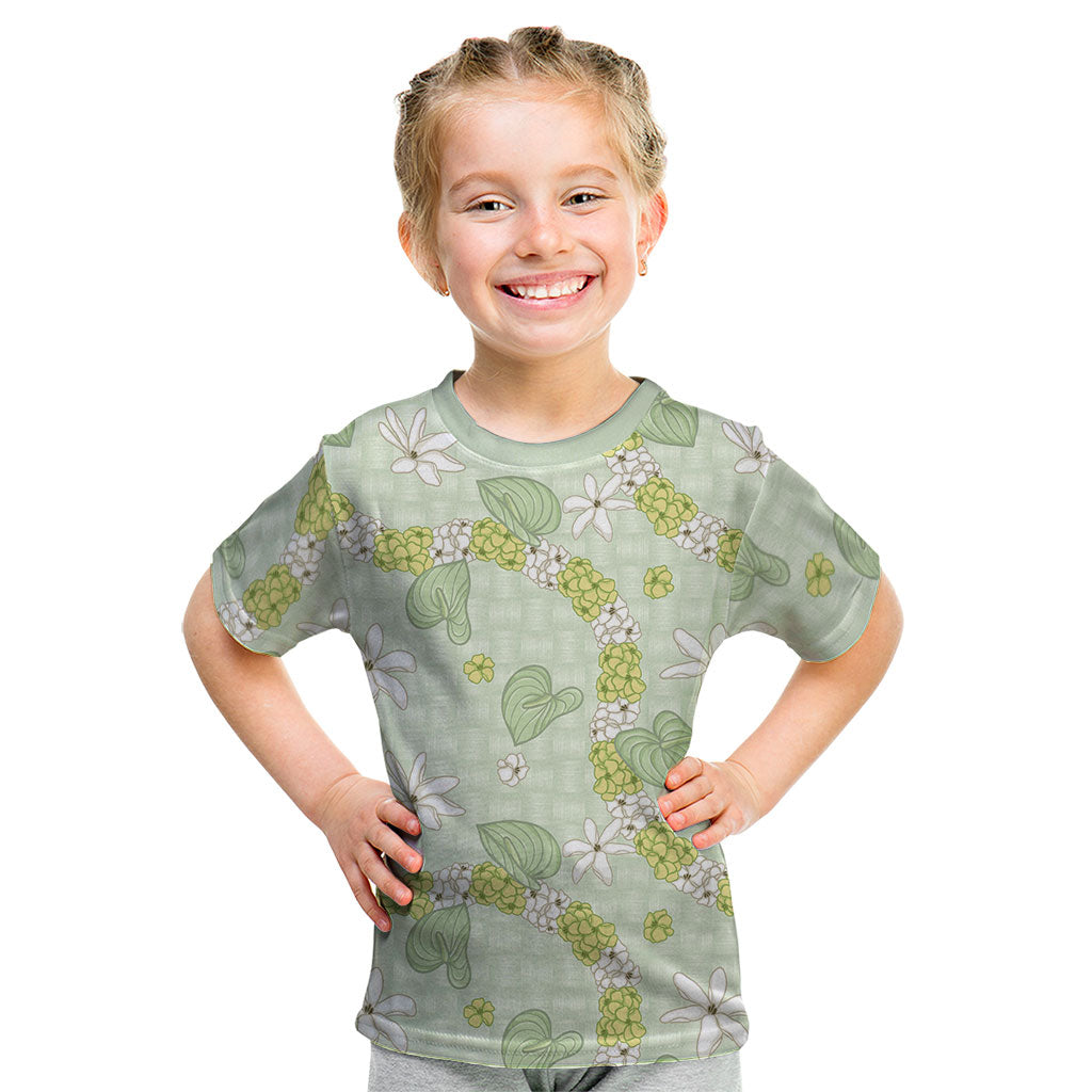 Hawaii Anthurium Tiare Pikake Lei Kid T Shirt Sage Green Lauhala Art Pattern