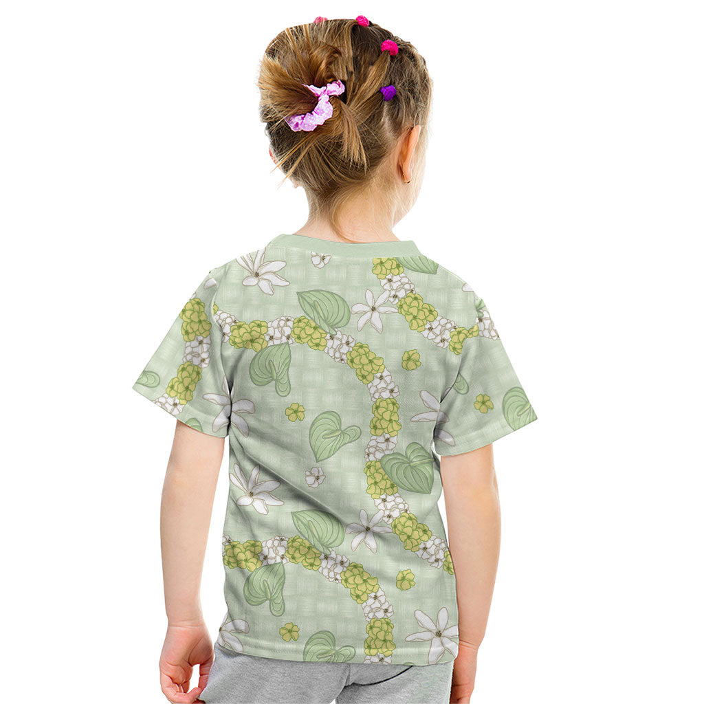 Hawaii Anthurium Tiare Pikake Lei Kid T Shirt Sage Green Lauhala Art Pattern LT01 - Polynesian Pride