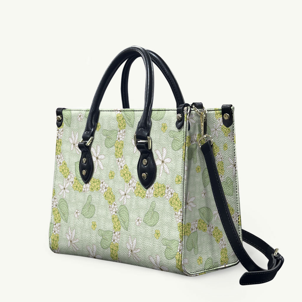 Hawaii Anthurium Tiare Pikake Lei Leather Bag Sage Green Lauhala Art Pattern LT01 Green - Polynesian Pride