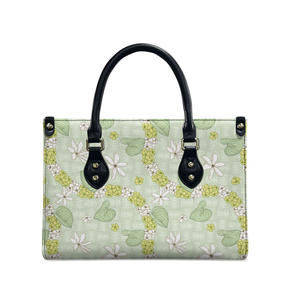 Hawaii Anthurium Tiare Pikake Lei Leather Bag Sage Green Lauhala Art Pattern LT01 - Polynesian Pride