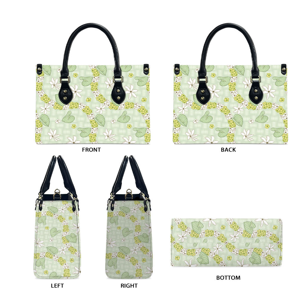 Hawaii Anthurium Tiare Pikake Lei Leather Bag Sage Green Lauhala Art Pattern LT01 - Polynesian Pride