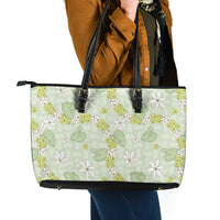 Hawaii Anthurium Tiare Pikake Lei Leather Tote Bag Sage Green Lauhala Art Pattern LT01 - Polynesian Pride