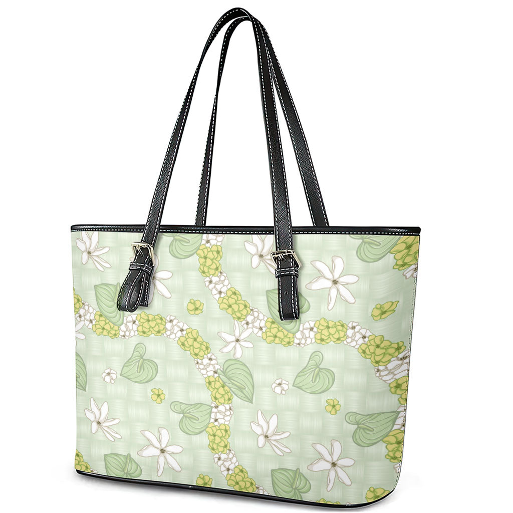 Hawaii Anthurium Tiare Pikake Lei Leather Tote Bag Sage Green Lauhala Art Pattern LT01 - Polynesian Pride