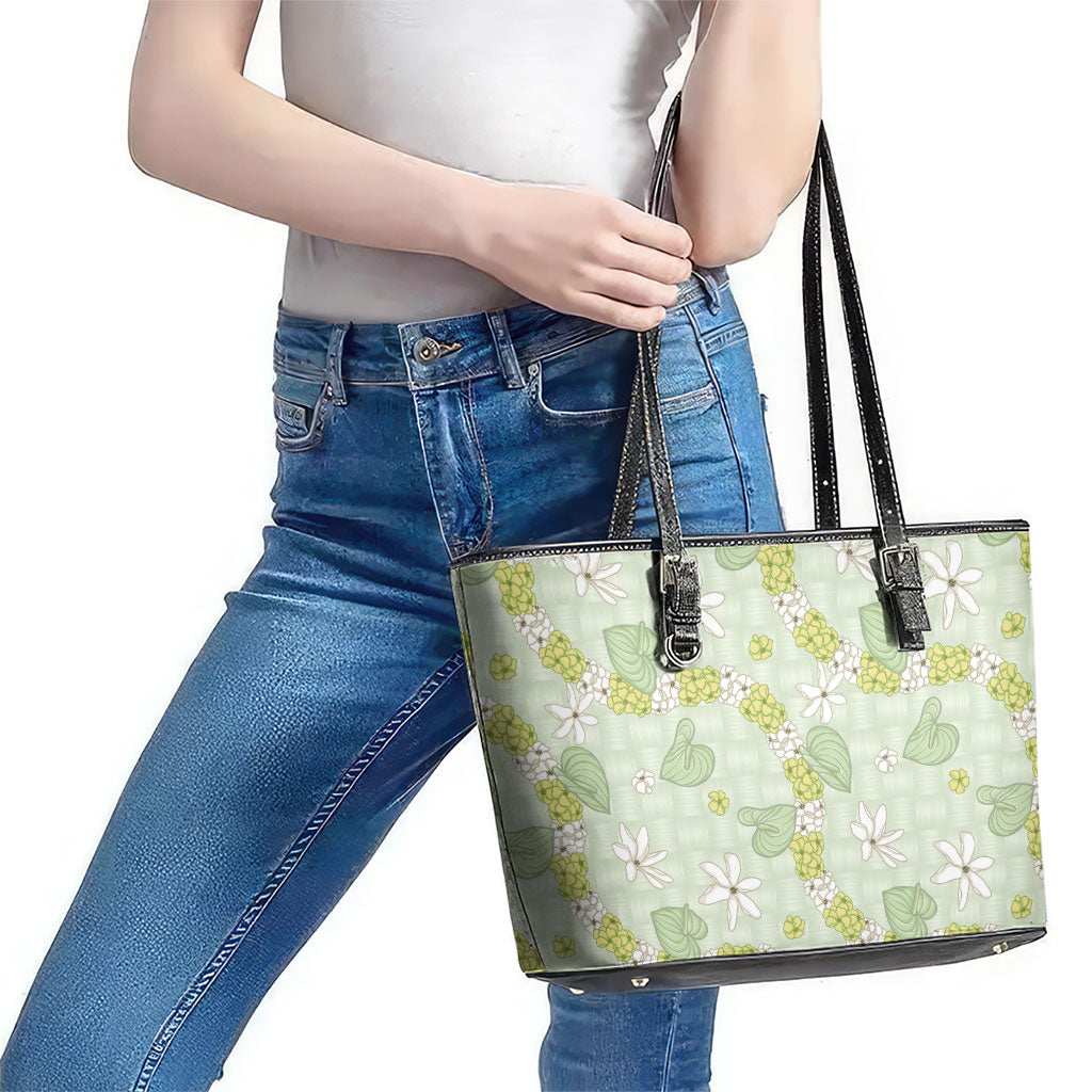 Hawaii Anthurium Tiare Pikake Lei Leather Tote Bag Sage Green Lauhala Art Pattern LT01 - Polynesian Pride